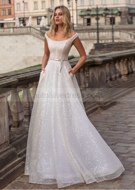 Blush Beaded Tulle Wedding Dress With Pockets